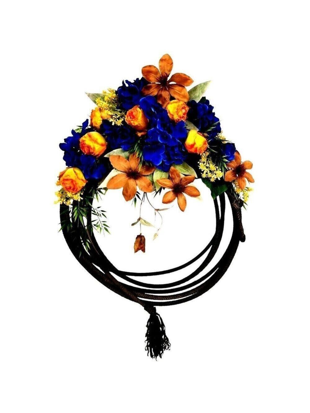 COUNTRY WESTERN Lariat Rope Wreath with blue hydrangea, orange roses, clematis.